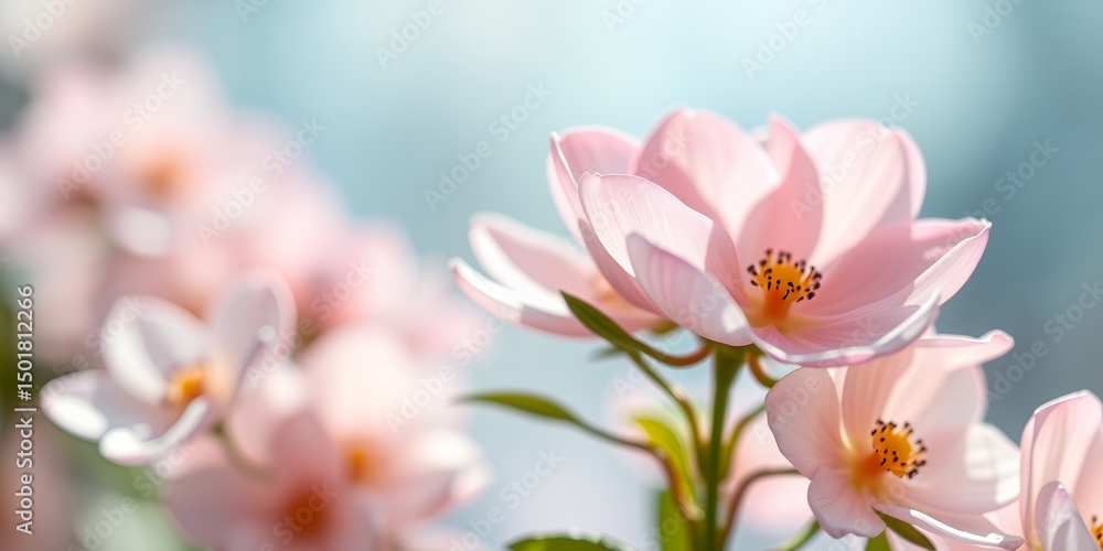 Obraz premium A close up of light pink flowers with yellow centers against a soft blue and white background