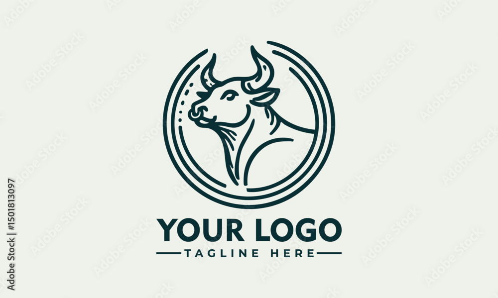Stylized bull head illustrated in profile within a circular emblem for strength and power symbolism. Animal concept
