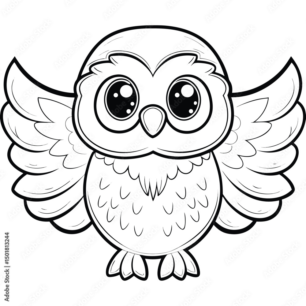 Obraz premium Adorable Baby Owl Coloring Page Big Eyes, Fluffy Feathers