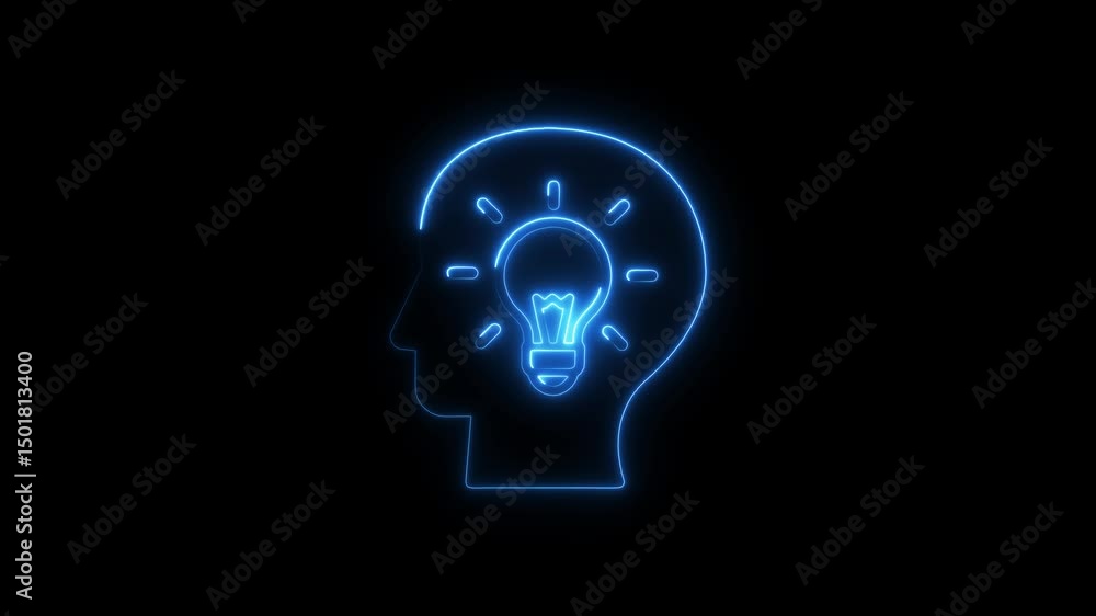 Animated blue neon light illustrating idea concept within human head silhouette Animated blue neon light illustrating idea concept within human head silhouette