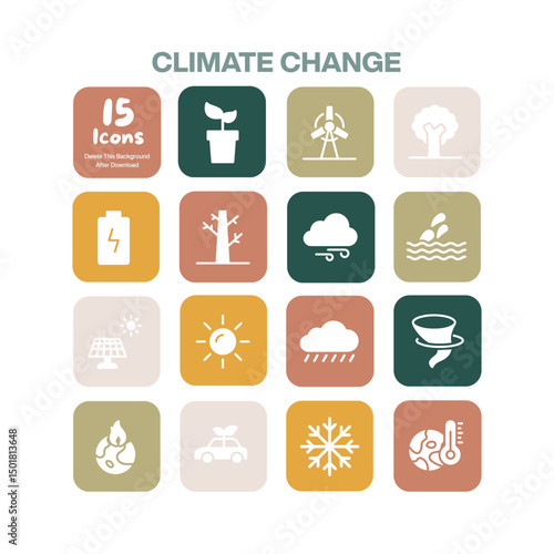 Crucial set of 15 climate change icons, depicting environmental issues such as global warming, renewable energy, and natural disasters, for sustainable design projects