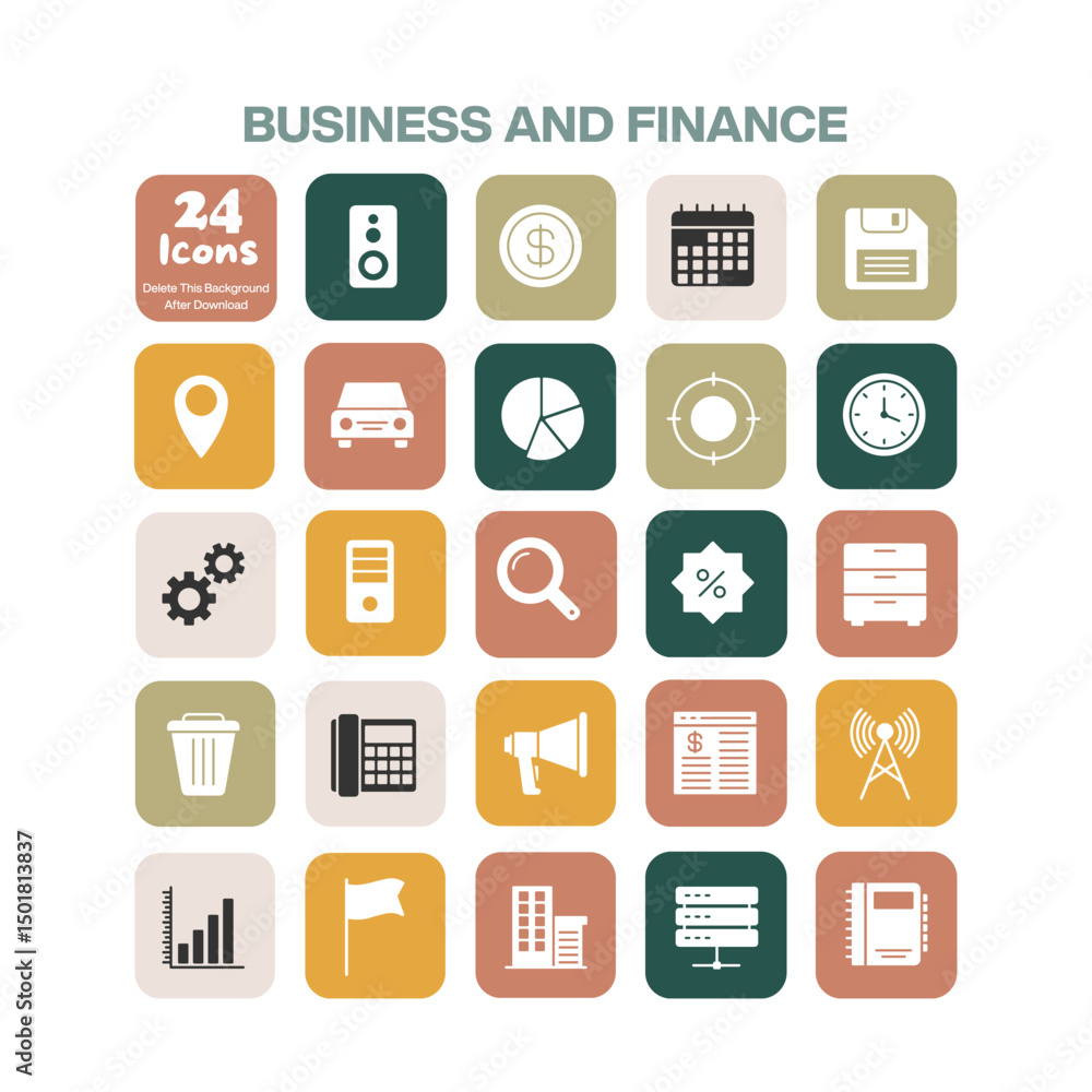 A comprehensive collection of 24 flat design business and finance icons perfect for presentations reports and modern digital projects representing various aspects of economy and corporate activity A comprehensive collection of 24 flat design business and finance icons perfect for presentations reports and modern digital projects representing various aspects of economy and corporate activity