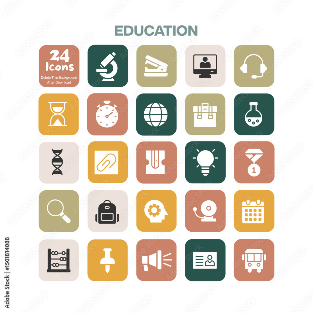 A comprehensive collection of 24 flat design education icons covering various aspects of learning schooling and academic subjects ideal for digital and print media projects A comprehensive collection of 24 flat design education icons covering various aspects of learning schooling and academic subjects ideal for digital and print media projects