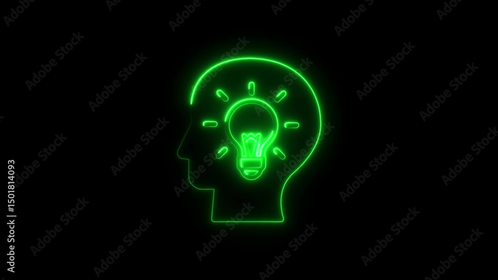 Glowing green neon idea concept depicting light bulb in a head silhouette Glowing green neon idea concept depicting light bulb in a head silhouette