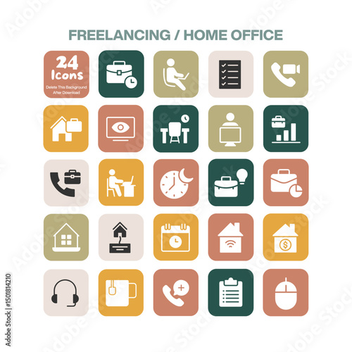 A versatile set of 24 flat design icons representing freelancing and home office concepts including remote work productivity tools and personal workspace elements for digital use