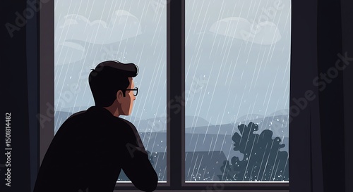 vector, illustration, photo of a person watching the rain at the window