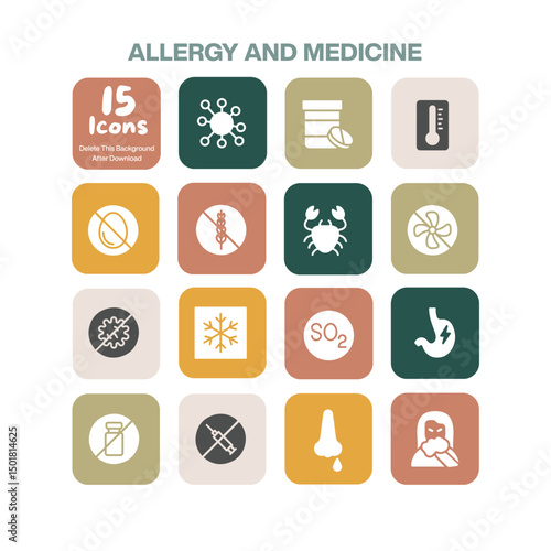 A focused collection of 15 flat design icons representing allergy and medicine concepts including allergens symptoms and medical treatments perfect for healthcare related projects