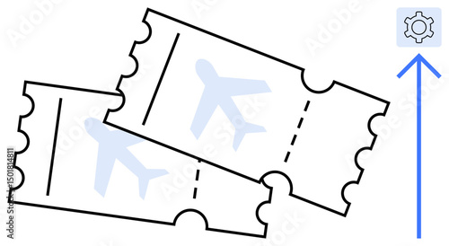 Two flight tickets overlaid with airplane icons, a settings gear, and an upward arrow. Ideal for travel customization, booking, upgrades, ticketing systems, planning, innovation simple landing page