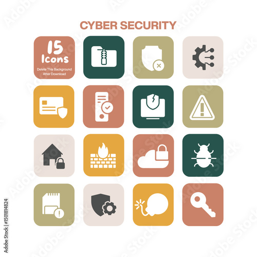 A comprehensive set of cyber security icons illustrating protection, encryption, and network safety for a robust defense against online threats. (198 characters