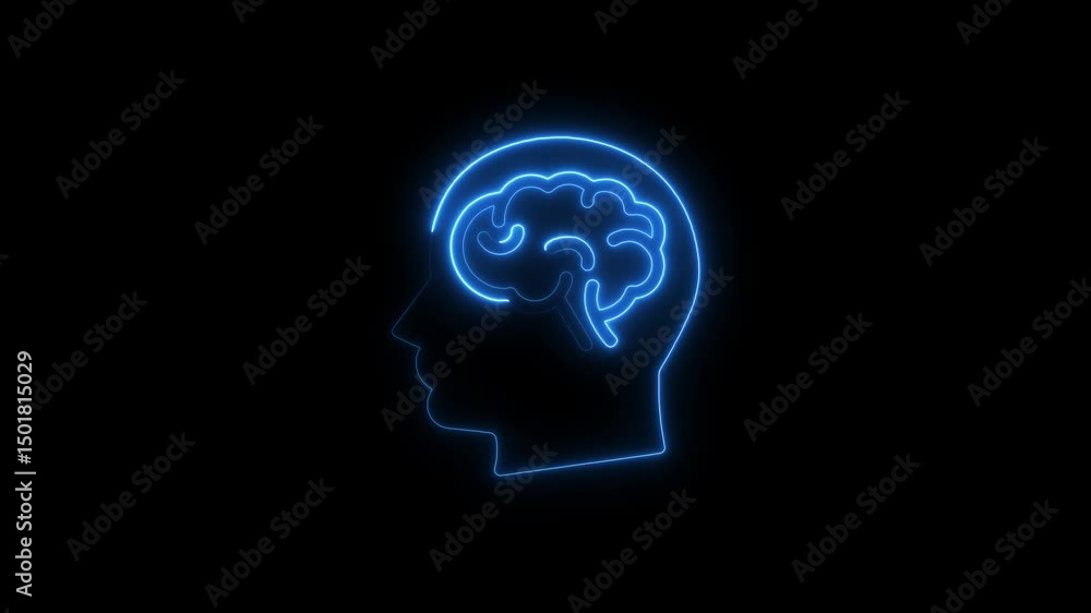 Glowing neon human head profile and brain concept on black background Glowing neon human head profile and brain concept on black background