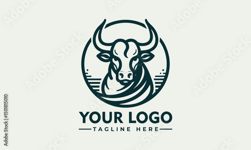Stylized bull head illustrated in profile within a circular emblem for strength and power symbolism. Animal concept

