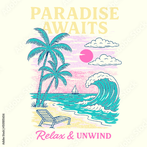 Sunset beach t-shirt. womens girls Beach wave artwork. Sunshine paradise graphic print design. Sunshine paradise graphic print design.