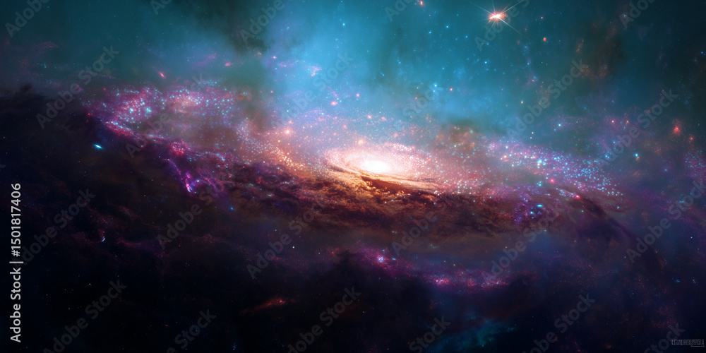 Fototapeta premium Space nebula with blue and purple cosmic clouds and stars. Galaxy and cosmos concept. Image for banner, poster, wallpaper, abstract background with copy space.