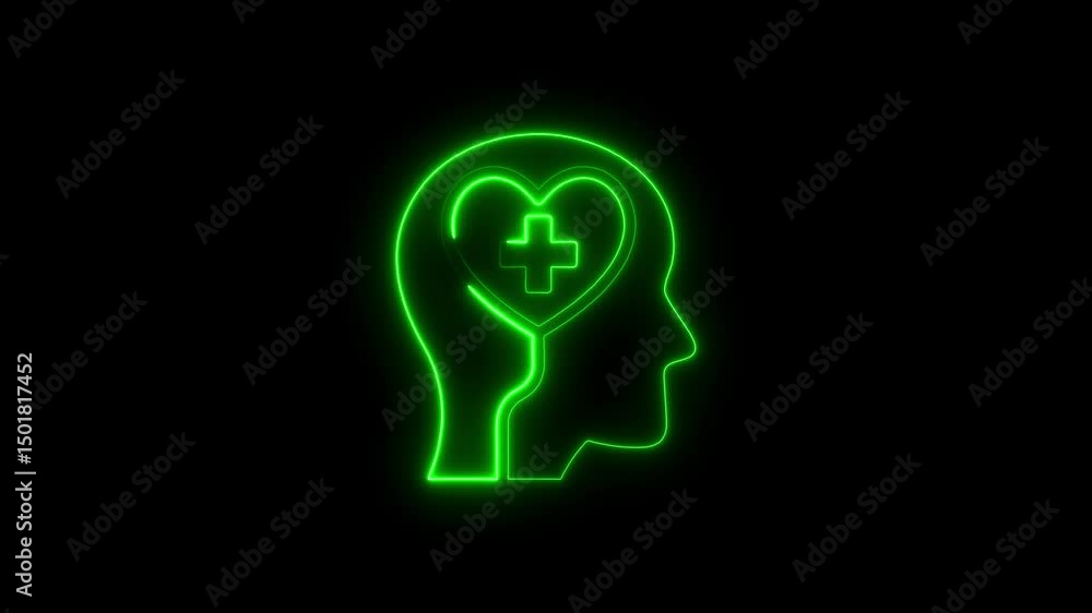 Green neon mental health concept illustration with heart cross and head silhouette Green neon mental health concept illustration with heart cross and head silhouette