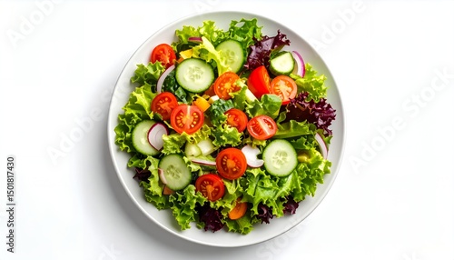 Minimalist food composition, one plate with colorful salad, top view, white background, soft natural lighting, shadows, high contrast, clean layout