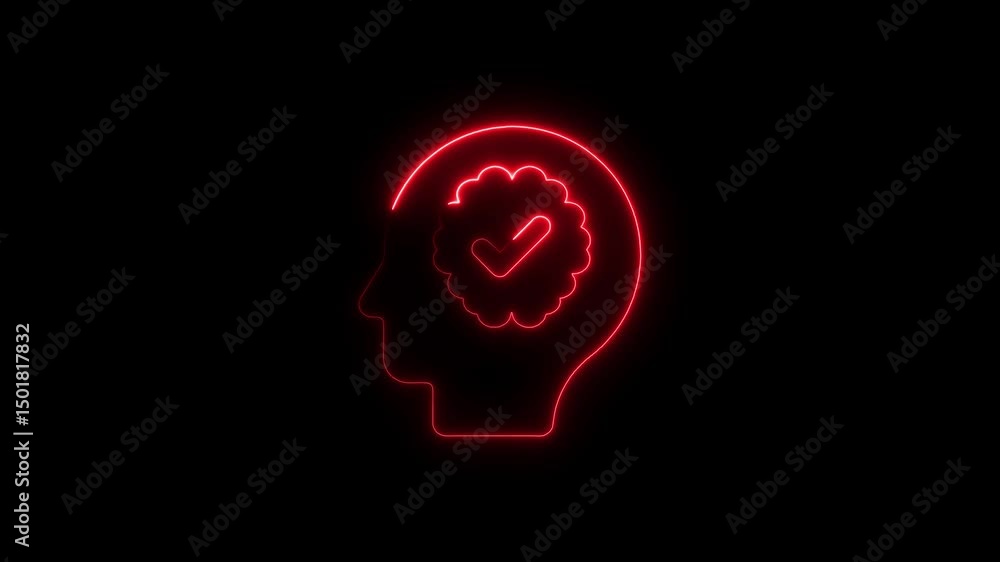 Neon illuminated silhouette of a head with verified symbol on a black background Neon illuminated silhouette of a head with verified symbol on a black background