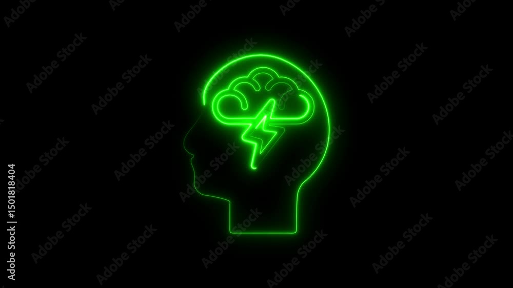Glowing neon green brain silhouette with lightning concept of mental activity idea Glowing neon green brain silhouette with lightning concept of mental activity idea