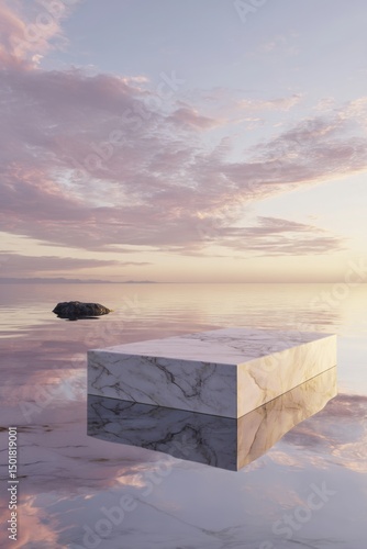 Marble podium display floating on water at sunset with pastel sky background, minimalist style, product placement, serene scene, studio shot