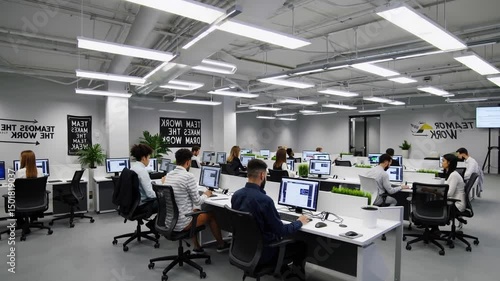 Daytime in open office with employees working on computers at desks in bright, modern workspace at Company Headquarters