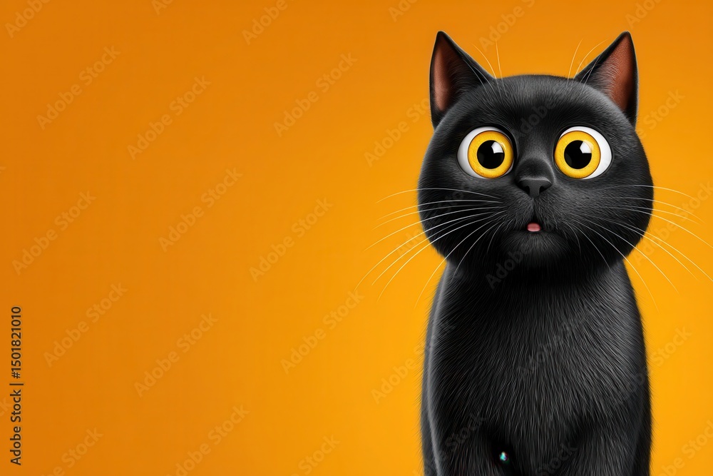 Innocent eyes of a black cat staring, a pet looking curiously at something on an orange background Innocent eyes of a black cat staring, a pet looking curiously at something on an orange background