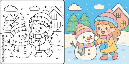 Building a Snowman in Winter Wonderland Christmas Coloring Page Illustration