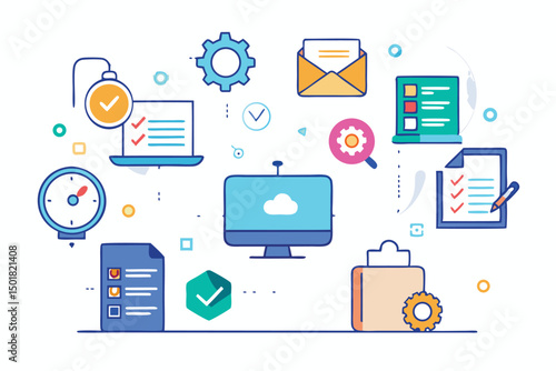 Colorful flat line illustration of business and productivity concepts