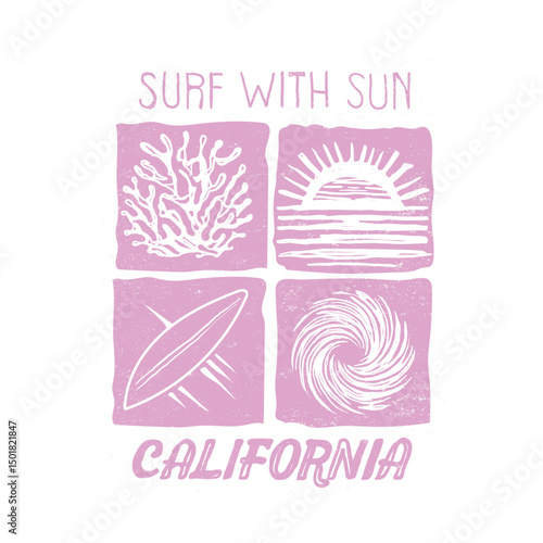 surf with sun in california slogan tee. summer sunset print design. girls beach graphics. sea beach vibes print design.