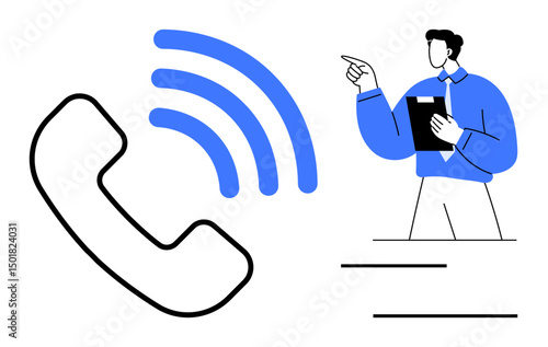 Large phone receiver with signal waves next to businessman holding clipboard, pointing to direction. Ideal for communication, customer support, technology, teamwork, productivity, leadership, flat