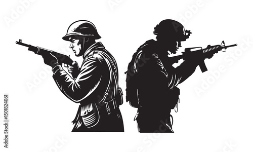 Silhouette vector set of American soldier holding gun. On white background