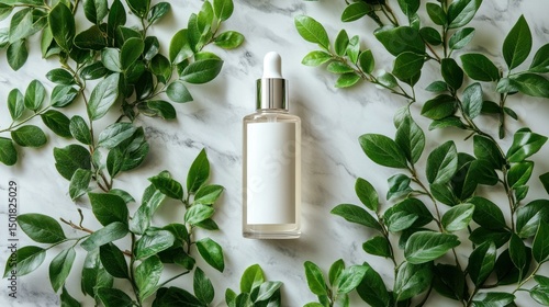Blank serum bottle amidst fresh greenery