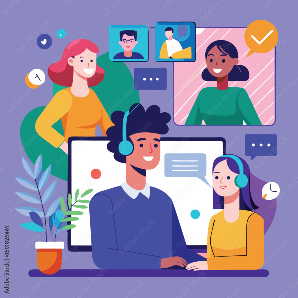 Diverse team having a virtual meeting online with cheerful expressions vector illustration Diverse team having a virtual meeting online with cheerful expressions vector illustration