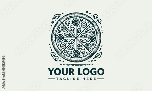 Ornate artistic pizza illustration divided into slices with decorative toppings and circular symmetry. Food concept
