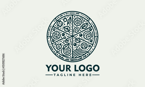 Ornate artistic pizza illustration divided into slices with decorative toppings and circular symmetry. Food concept
