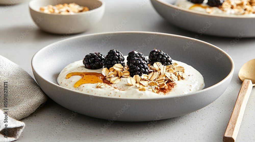 Softly lit tabletop scene showing creamy yogurt with honey drizzle, blackberries, and cinnamon-dusted oat clusters, accompanied by linen folds on a smooth warm-grey surface Softly lit tabletop scene showing creamy yogurt with honey drizzle, blackberries, and cinnamon-dusted oat clusters, accompanied by linen folds on a smooth warm-grey surface