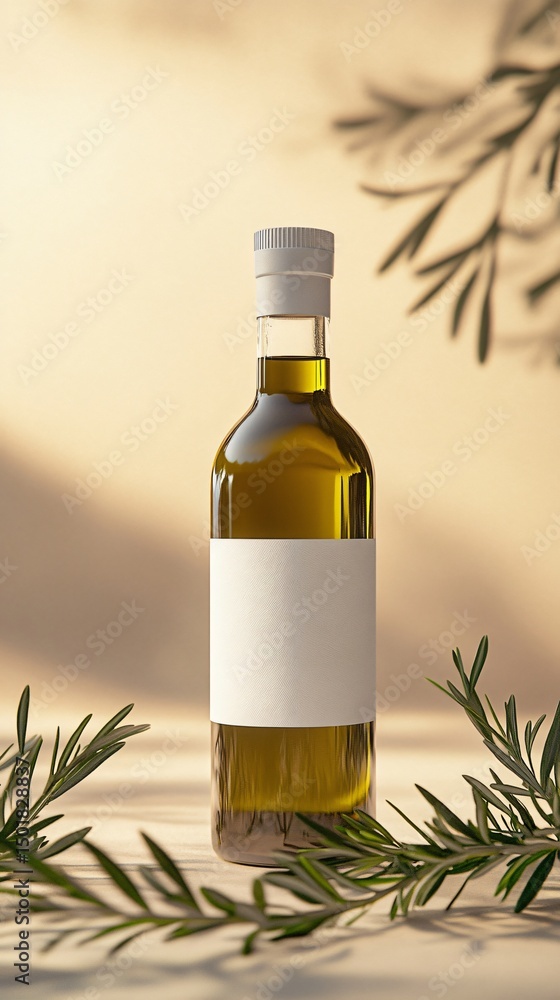 Olive Oil Bottle with White Label Framed by Blurred Rosemary Sprigs. Sand-Colored Background with Hazy Glow. Copy space. Generative AI. Vertical (2) Olive Oil Bottle with White Label Framed by Blurred Rosemary Sprigs. Sand-Colored Background with Hazy Glow. Copy space. Generative AI. Vertical (2)