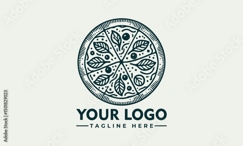 Ornate artistic pizza illustration divided into slices with decorative toppings and circular symmetry. Food concept
