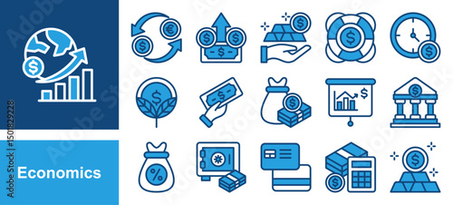 Economics icon collection set. Containing Currency Exchange, Dollar, Assets, Help, Cost, Money Growth icon. Simple line vector.