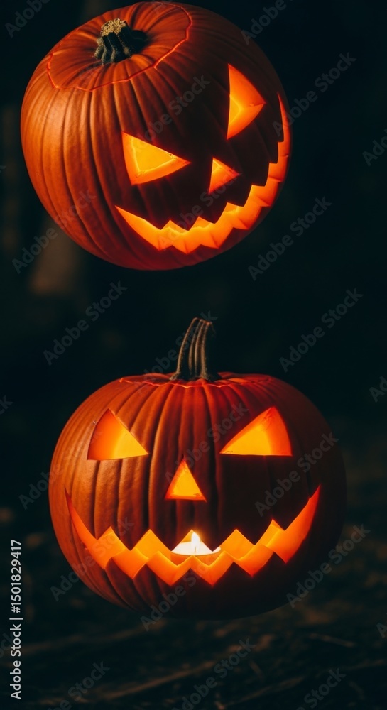 Close up photo of a falling jack o lantern pumpkin, halloween decoration imagery, glowing jack-o-lantern Close up photo of a falling jack o lantern pumpkin, halloween decoration imagery, glowing jack-o-lantern