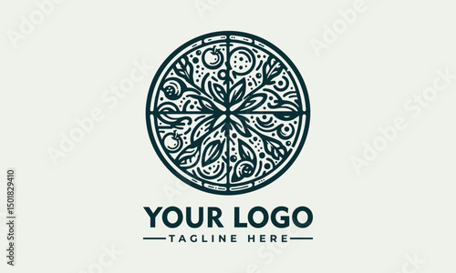 Ornate artistic pizza illustration divided into slices with decorative toppings and circular symmetry. Food concept
