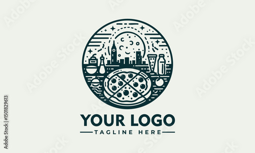 Ornate artistic pizza illustration divided into slices with decorative toppings and circular symmetry. Food concept
