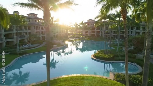 Tropical Resort Oasis With Palm Trees At Sunny Day Scenery