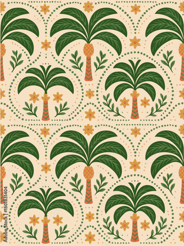 Tropical palm tree seamless pattern. print desihn. ornament, hand drawn, jungle arched print, textile design wallpaper Vector tropical illustration Tropical palm tree seamless pattern. print desihn. ornament, hand drawn, jungle arched print, textile design wallpaper Vector tropical illustration