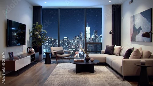 Modern Apartment With Cityscape View At Night Featuring Smart Home Technology