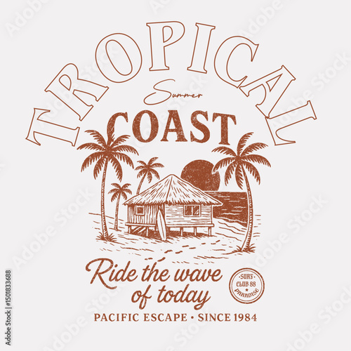 tropical vintage surf. tropical summer graphics in vintage.beach ball, surfboard, shell, palm tree, sun mixed sketch. Beach vibes print design. ai