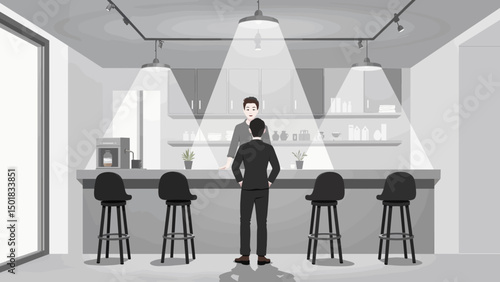 Man standing at counter in minimalist coffee shop interior