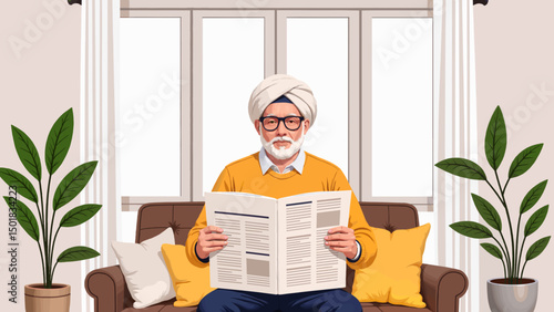 Elderly man reading newspaper while sitting on sofa at home  