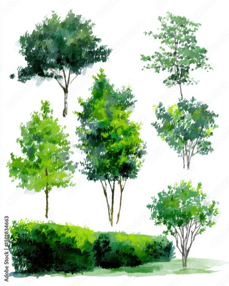 Fototapeta premium Watercolor Painting of Various Trees and Bushes on White Background Artistic Botanical Illustration