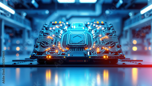 Futuristic circuit board with glowing microchip in high-tech environment