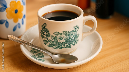 A classic cup of Kopi O, traditional Singaporean black coffee, served in a charming vintage floral cup on a wooden table. Perfect for illustrating authentic Asian coffee culture.