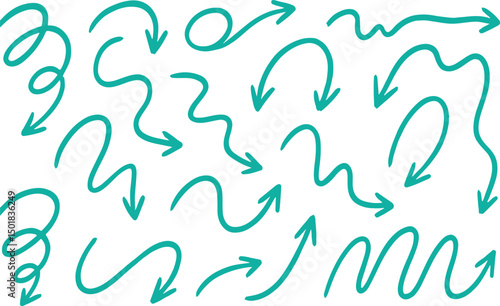  Pencil arrow doodles set - hand drawn swirls, curved lines, chaotic pointers. Chalk sketches, artistic design elements pack. Grunge style marker scribbles, crayon strokes outline drawings